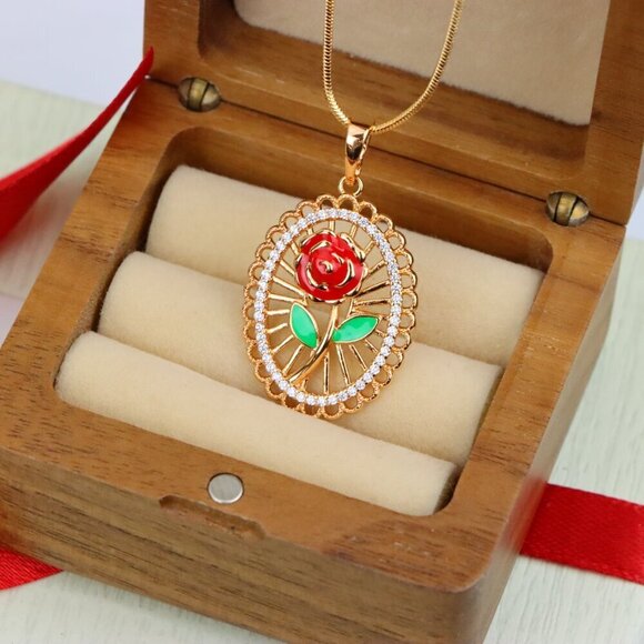 "Rose Gold Oval Pendant with Red Rose and Green Leaf Enamel Design, XPPT1379 - Picture 8 of 13